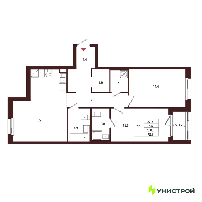 Планировка 2-комн. квартира, 76.85 м² ЖК «Лисино» Планировка 2-комн. квартира, 76.85 м² ЖК «Лисино»
