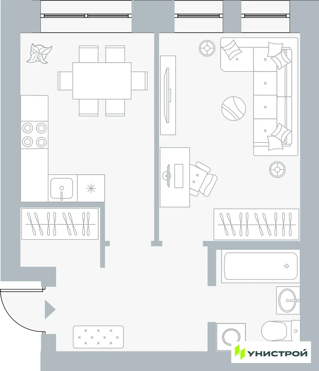 Планировка 1-комн. квартира, 38.34 м² ЖК «Причал»