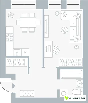 Планировка 1-комн. квартира, 38.34 м² ЖК «Причал»
