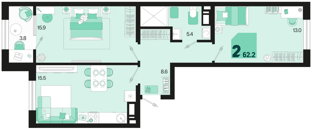 Планировка 2-комн. квартира, 62.2 м² ЖК «Первое место»