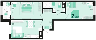 Планировка 2-комн. квартира, 62.2 м² ЖК «Первое место»