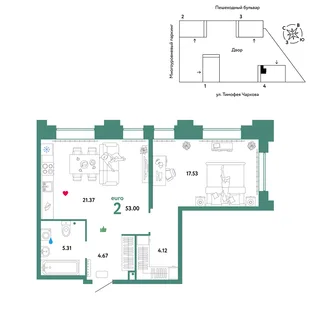 Планировка 2-комн. квартира, 53 м² ЖК «Микрорайон Звездный»