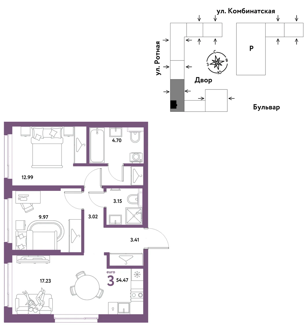 Планировка 3-комн. квартира, 54.47 м² ЖК «Уральский сад»