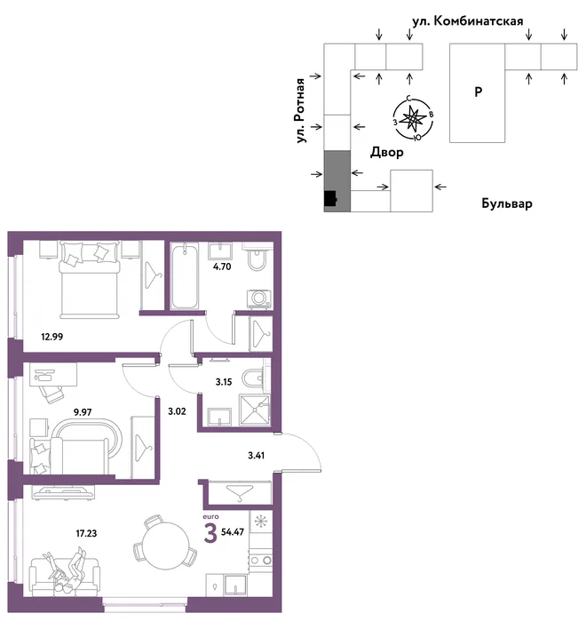 Планировка 3-комн. квартира, 54.47 м² ЖК «Уральский сад» Планировка 3-комн. квартира, 54.47 м² ЖК «Уральский сад»