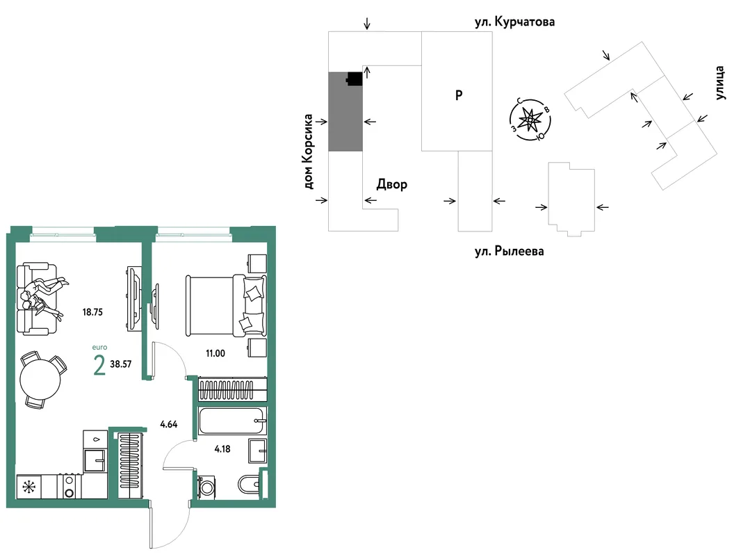 Планировка 2-комн. квартира, 38.56 м² ЖК «Остров-сад»