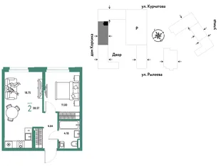 Планировка 2-комн. квартира, 38.56 м² ЖК «Остров-сад»