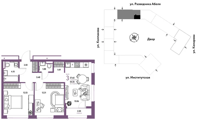 Планировка 3-комн. квартира, 57.65 м² ЖК «Страна.Парковая» Планировка 3-комн. квартира, 57.65 м² ЖК «Страна.Парковая»