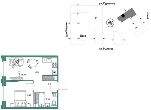 Планировка 2-комн. квартира, 38.71 м² ЖК «Остров-сад»