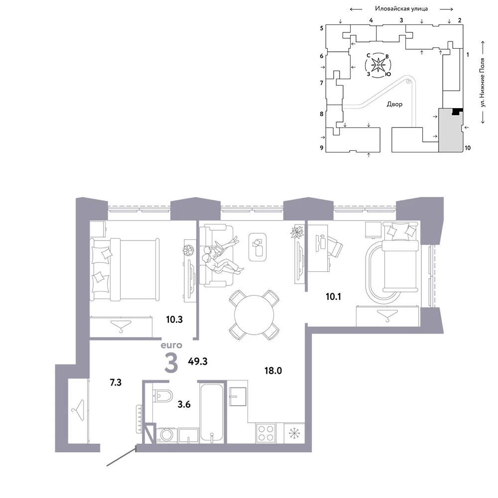 Планировка 3-комн. квартира, 49.3 м² ЖК «Страна.Заречная»