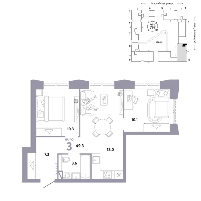 Планировка 3-комн. квартира, 49.3 м² ЖК «Страна.Заречная» Планировка 3-комн. квартира, 49.3 м² ЖК «Страна.Заречная»