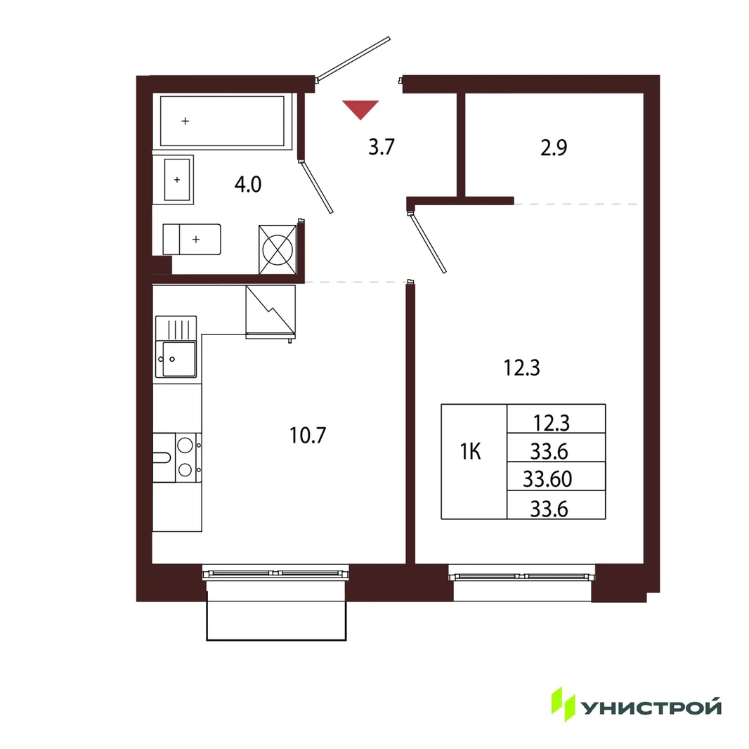 Планировка 1-комн. квартира, 33.6 м² ЖК «Лисино»