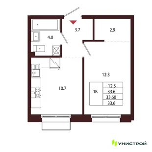 Планировка 1-комн. квартира, 33.6 м² ЖК «Лисино»
