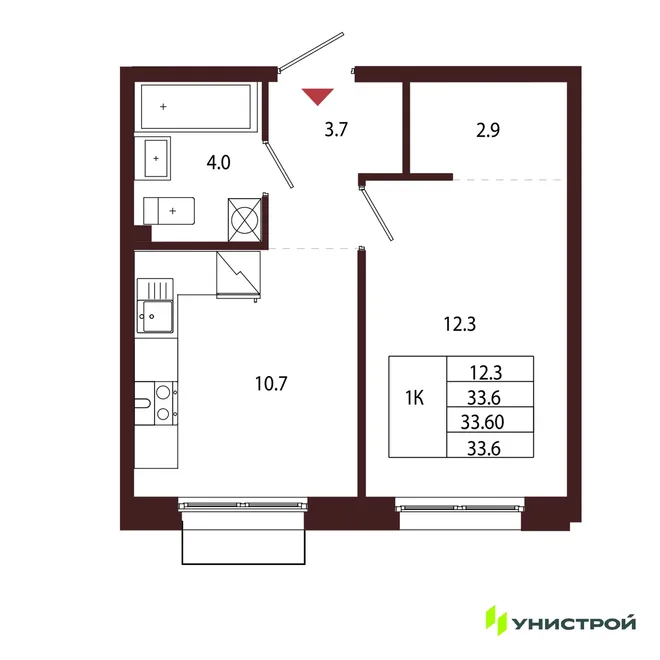 Планировка 1-комн. квартира, 33.6 м² ЖК «Лисино» Планировка 1-комн. квартира, 33.6 м² ЖК «Лисино»