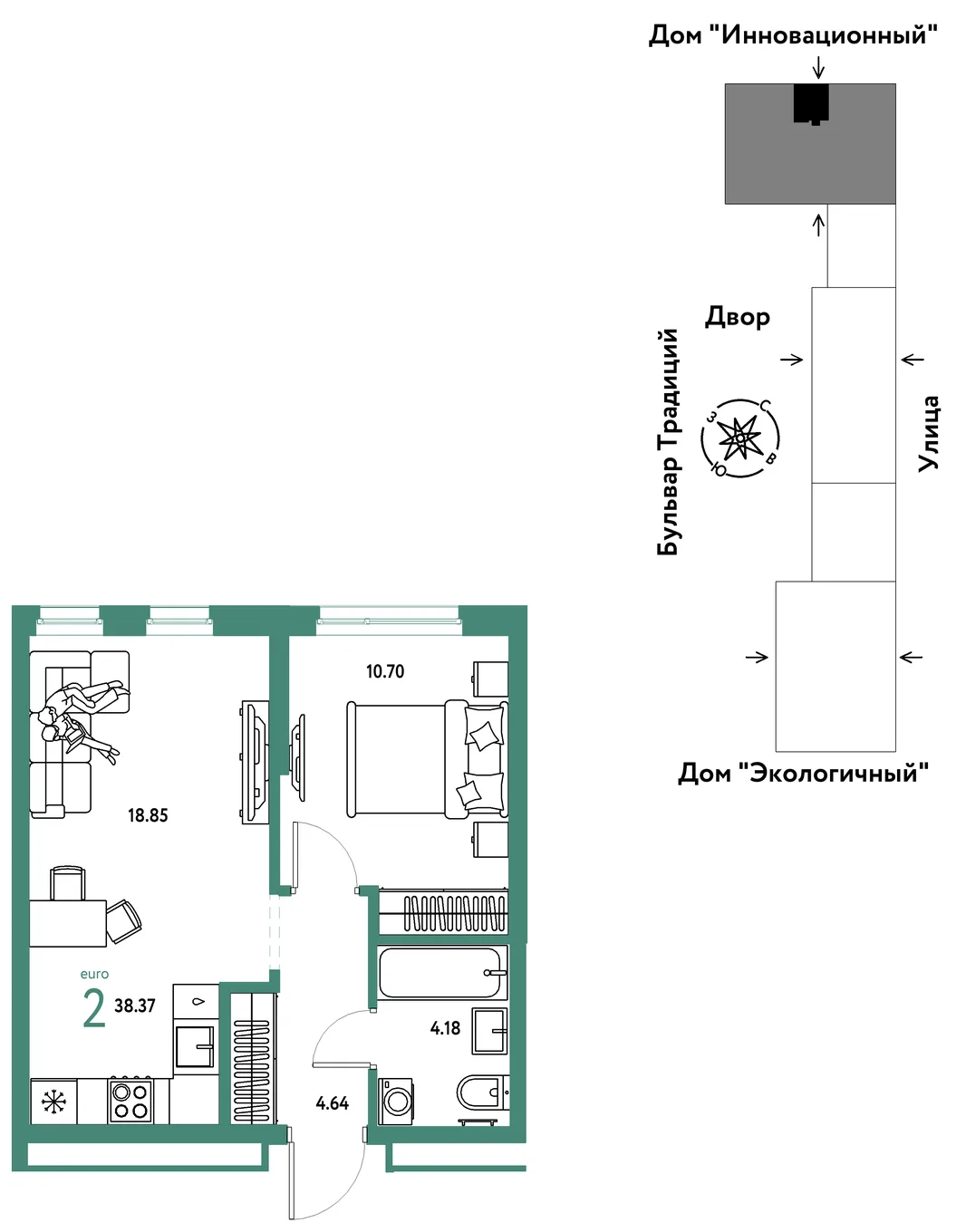 Планировка 2-комн. квартира, 38.37 м² ЖК «Микрорайон Домашний»