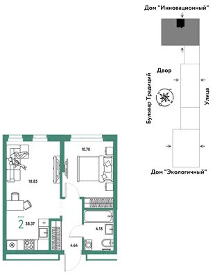 Планировка 2-комн. квартира, 38.37 м² ЖК «Микрорайон Домашний»