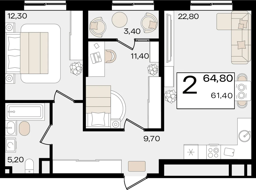 Планировка 2-комн. квартира, 64.8 м² ЖК «Патрики»