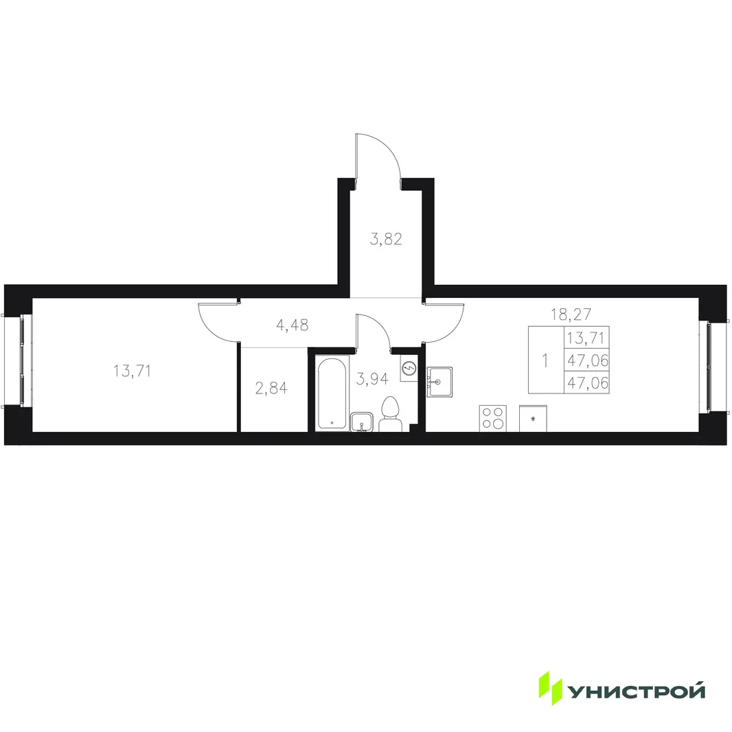 Планировка 1-комн. квартира, 47.06 м² ЖК «Statum»