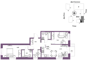 Планировка 3-комн. квартира, 68.88 м² ЖК «Европейский берег 2.0»