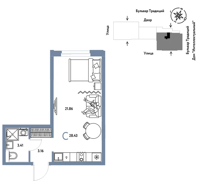 Планировка Студия, 28.43 м² ЖК «Микрорайон Домашний» Планировка Студия, 28.43 м² ЖК «Микрорайон Домашний»