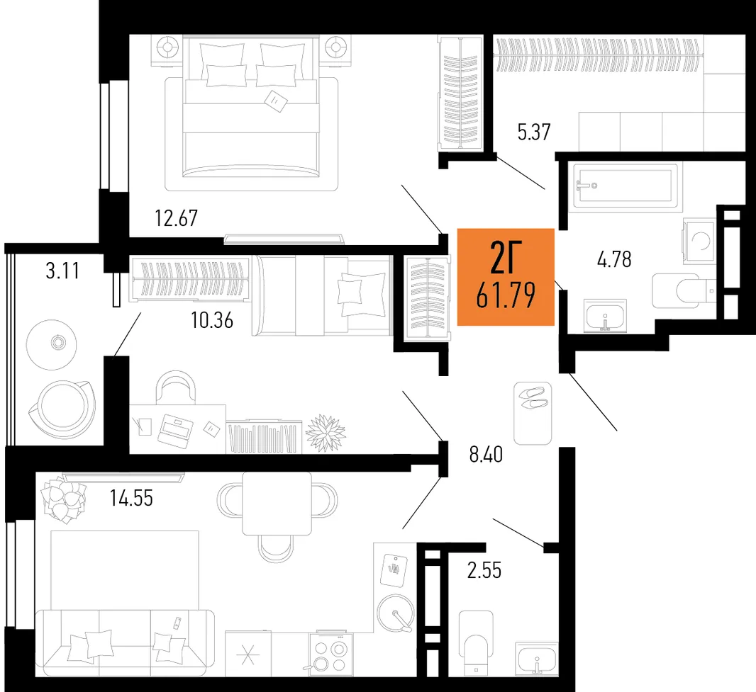 Планировка 2-комн. квартира, 61.79 м² ЖК «Столицыно»