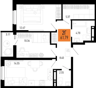 Планировка 2-комн. квартира, 61.79 м² ЖК «Столицыно»