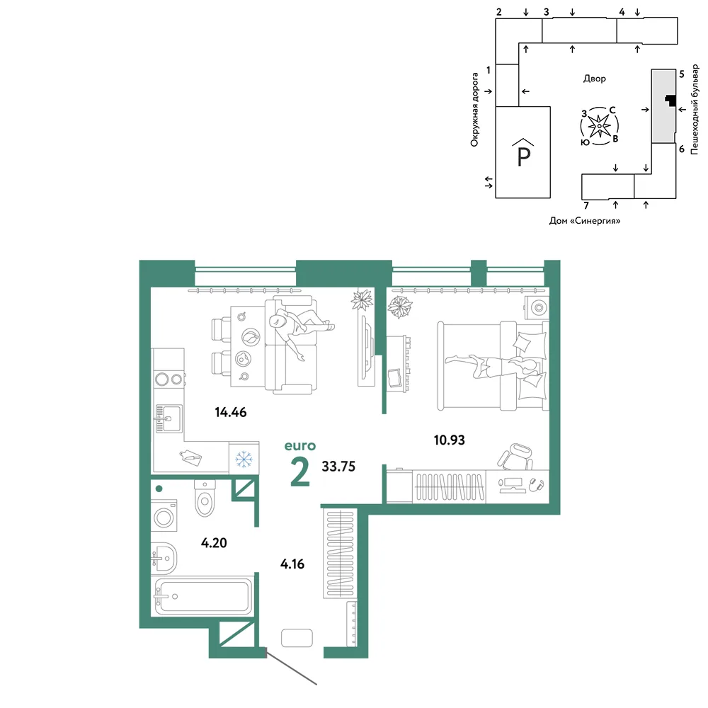 Планировка 2-комн. квартира, 33.75 м² ЖК «Юнион»