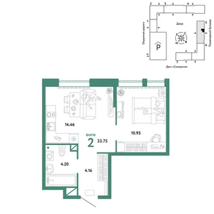 Планировка 2-комн. квартира, 33.75 м² ЖК «Юнион»