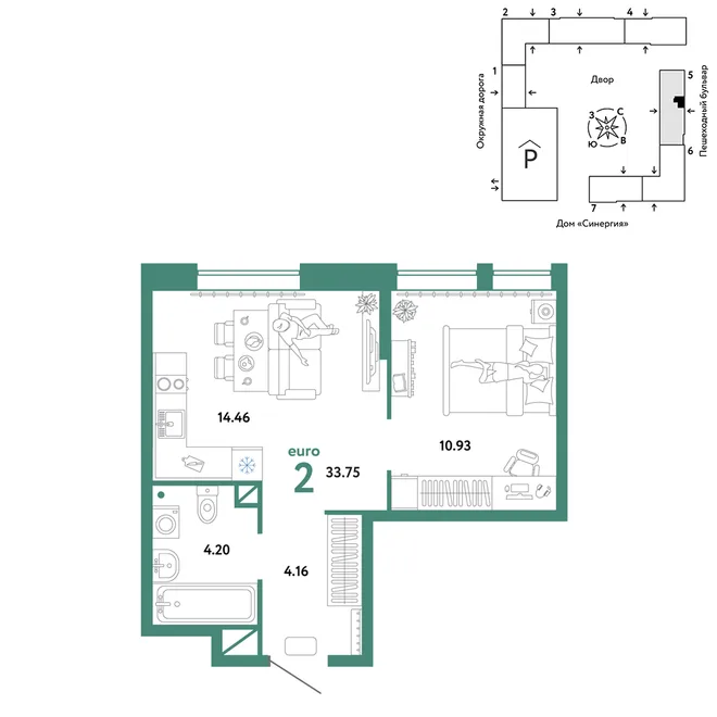 Планировка 2-комн. квартира, 33.75 м² ЖК «Юнион»