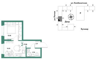 Планировка 2-комн. квартира, 27.72 м² ЖК «Уральский сад»