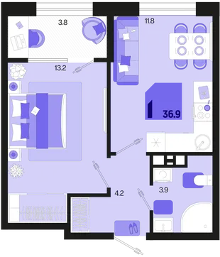 Планировка 1-комн. квартира, 36.9 м² ЖК «Первое место»
