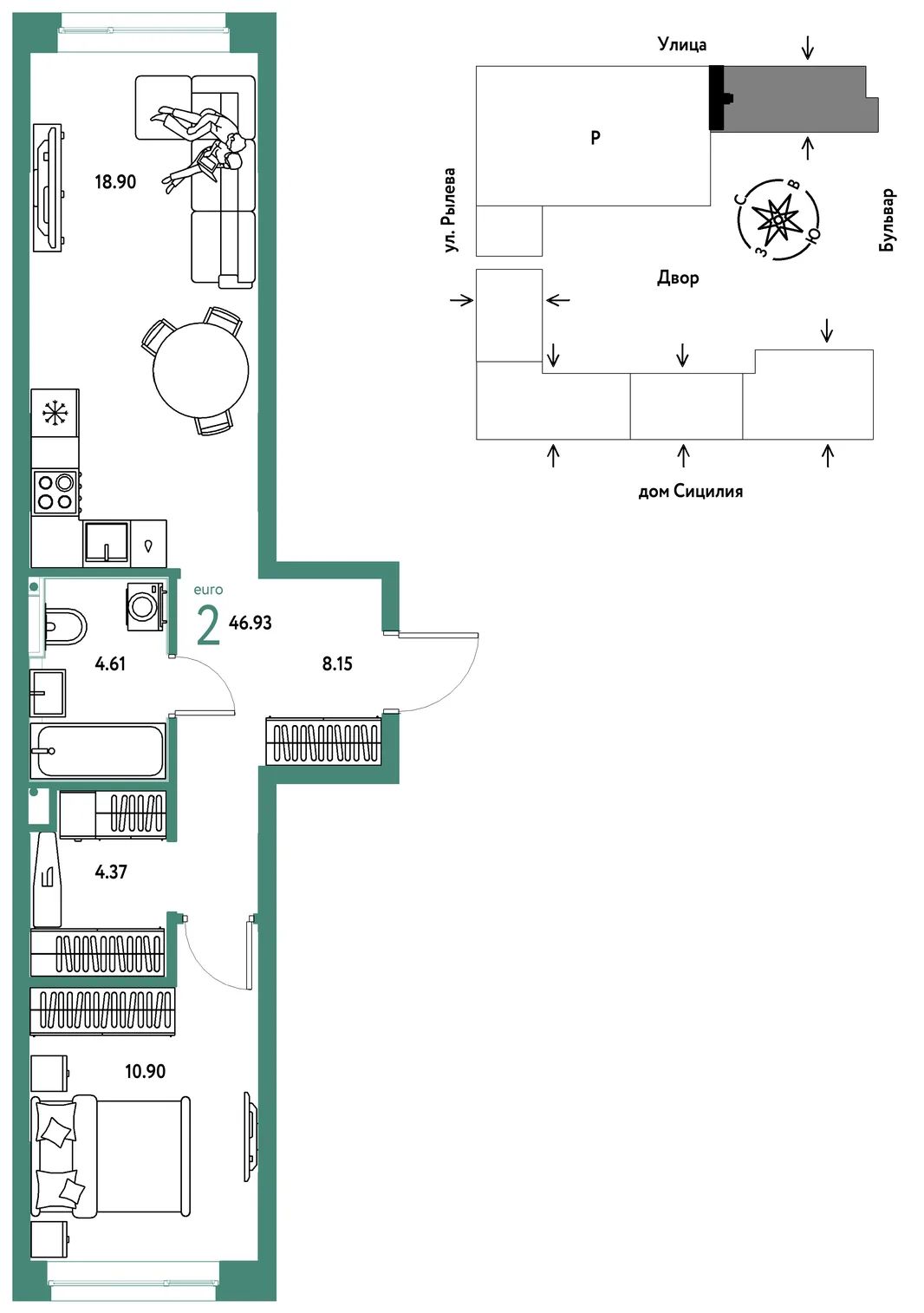 Планировка 2-комн. квартира, 46.93 м² ЖК «Остров-сад»