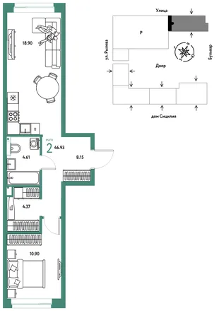 Планировка 2-комн. квартира, 46.93 м² ЖК «Остров-сад»