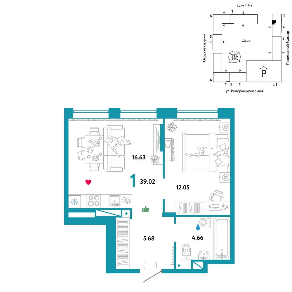 Планировка 1-комн. квартира, 39.02 м² ЖК «Юнион»
