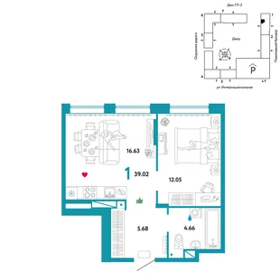 Планировка 1-комн. квартира, 39.02 м² ЖК «Юнион»