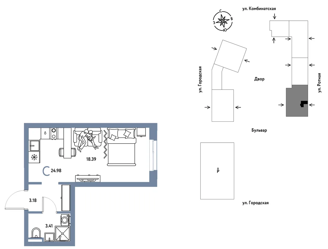Планировка Студия, 24.98 м² ЖК «Уральский сад»