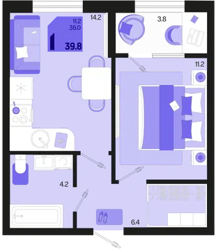 Планировка 1-комн. квартира, 39.8 м² ЖК «Первое место»