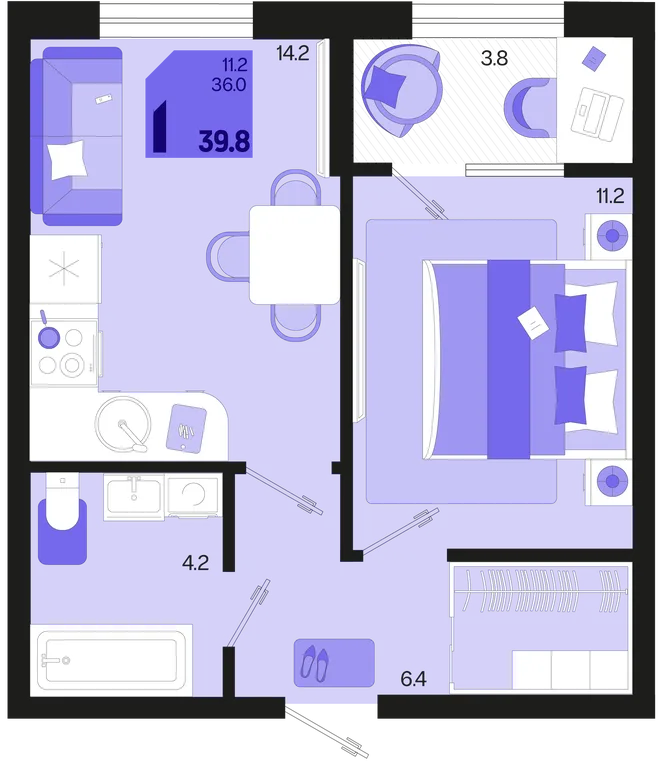 Планировка 1-комн. квартира, 39.8 м² ЖК «Первое место» Планировка 1-комн. квартира, 39.8 м² ЖК «Первое место»