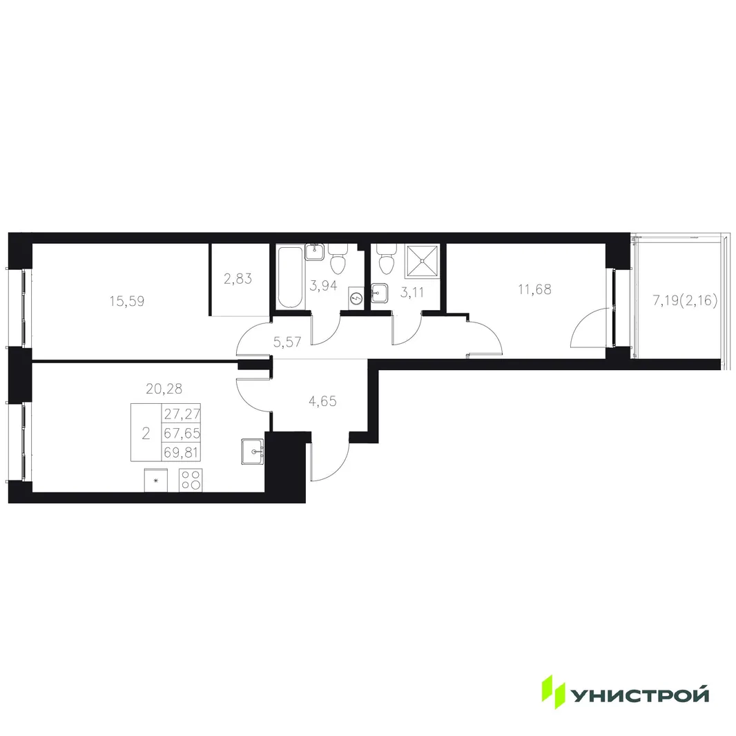 Планировка 2-комн. квартира, 69.81 м² ЖК «Statum»