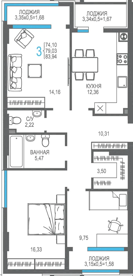 Планировка 3-комн. квартира, 79.03 м² ЖК «На Фонтанке»