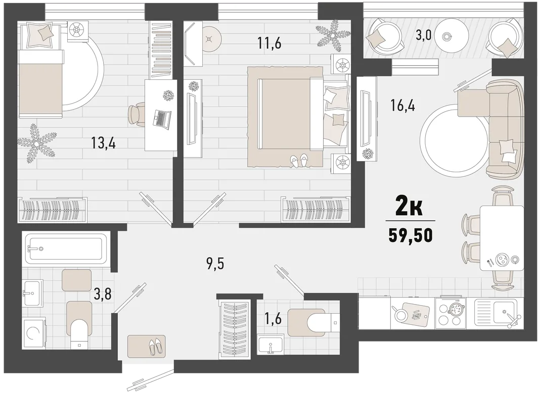 Планировка 2-комн. квартира, 59.5 м² ЖК «Барса»