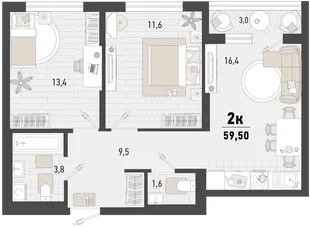 Планировка 2-комн. квартира, 59.5 м² ЖК «Барса»