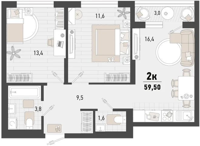Планировка 2-комн. квартира, 59.5 м² ЖК «Барса» Планировка 2-комн. квартира, 59.5 м² ЖК «Барса»