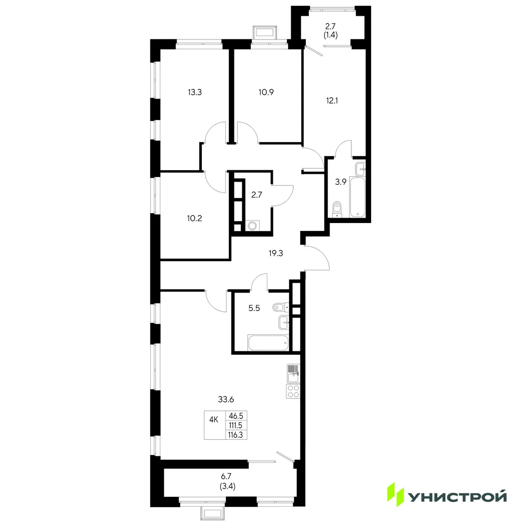 Планировка 4-комн. квартира, 116.3 м² ЖК «Стадиум»