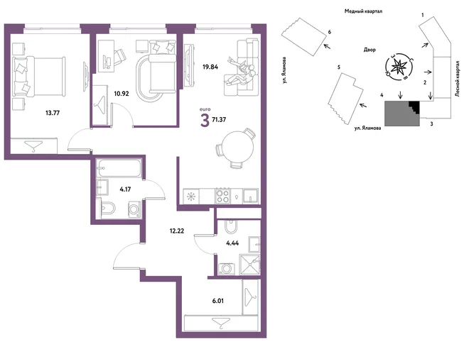 Планировка 3-комн. квартира, 71.37 м² ЖК «Сибирский сад» Планировка 3-комн. квартира, 71.37 м² ЖК «Сибирский сад»