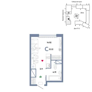 Планировка Студия, 22.22 м² ЖК «Сибирский сад»