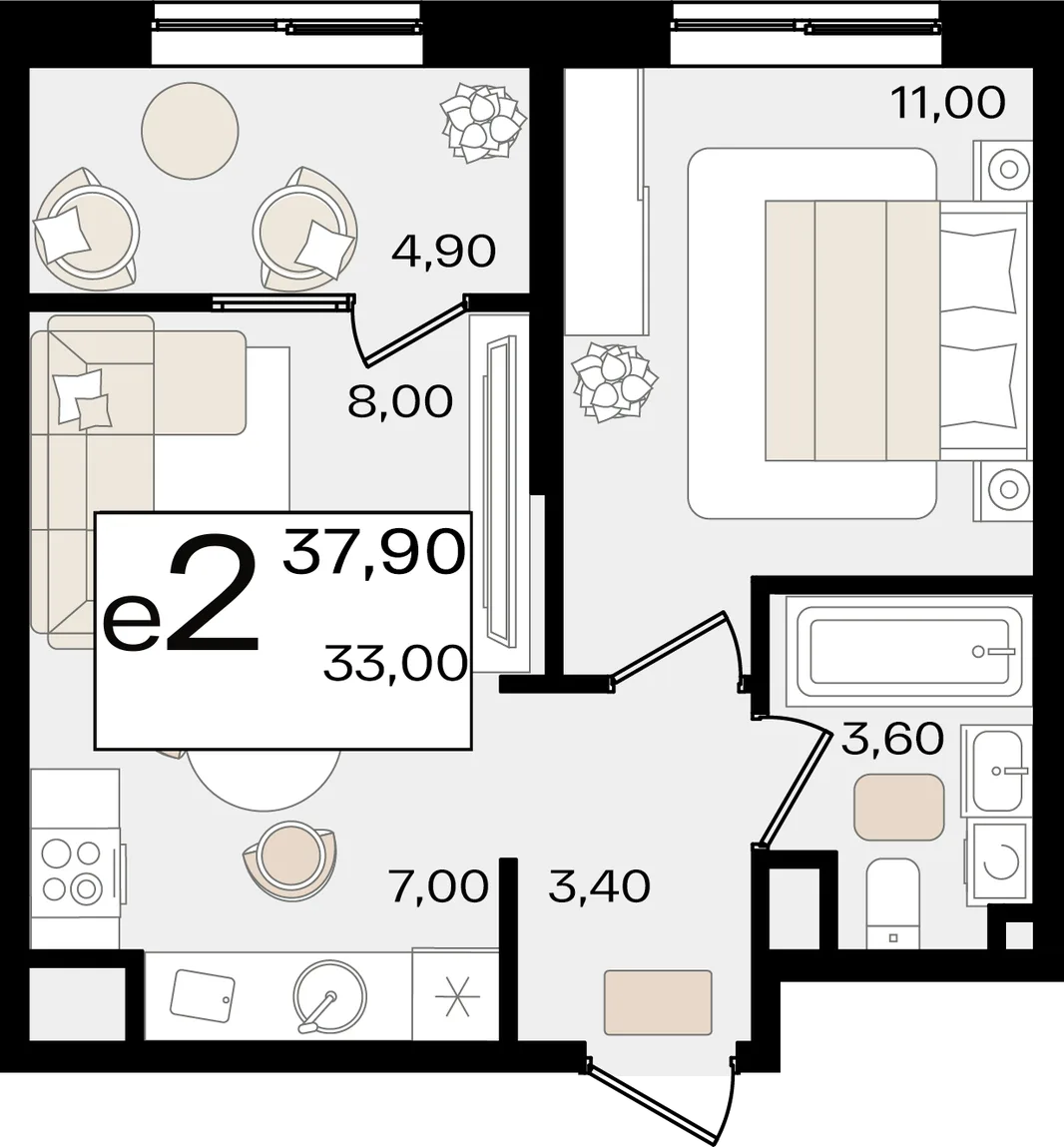 Планировка 2-комн. квартира, 37.9 м² ЖК «Патрики»