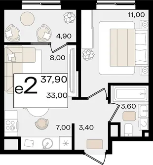 Планировка 2-комн. квартира, 37.9 м² ЖК «Патрики»