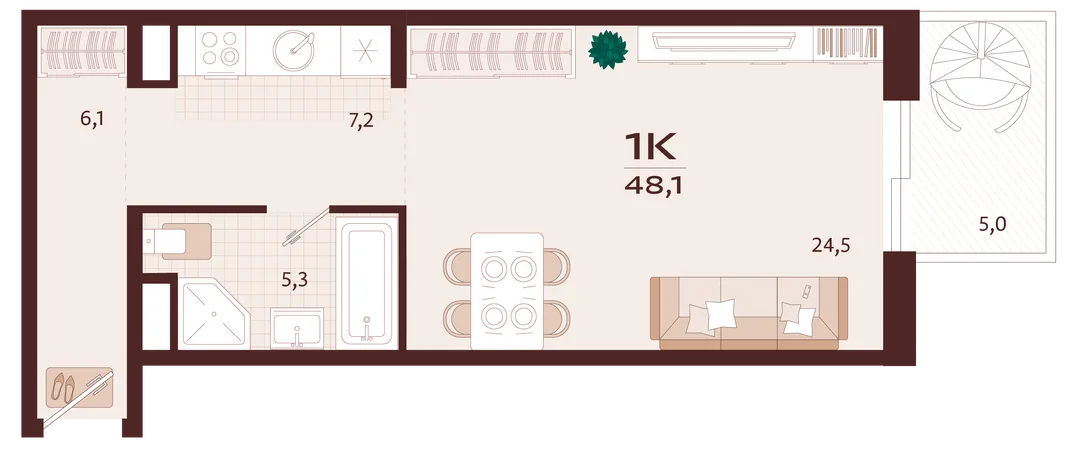 Планировка 1-комн. квартира, 48.1 м² ЖК «Роялта»