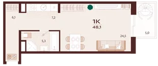 Планировка 1-комн. квартира, 48.1 м² ЖК «Роялта»