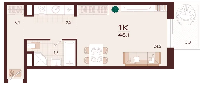 Планировка 1-комн. квартира, 48.1 м² ЖК «Роялта» Планировка 1-комн. квартира, 48.1 м² ЖК «Роялта»